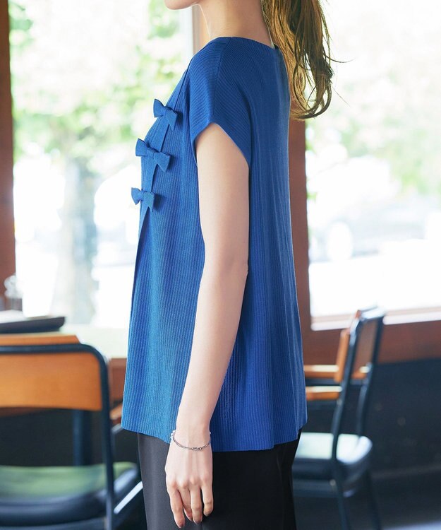 Tiaclasse 【洗える】ナナメ切替リボンニットトップス ブルー