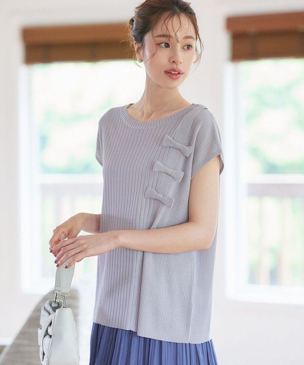 Tiaclasse 【洗える】ナナメ切替リボンニットトップス ラベンダーグレー