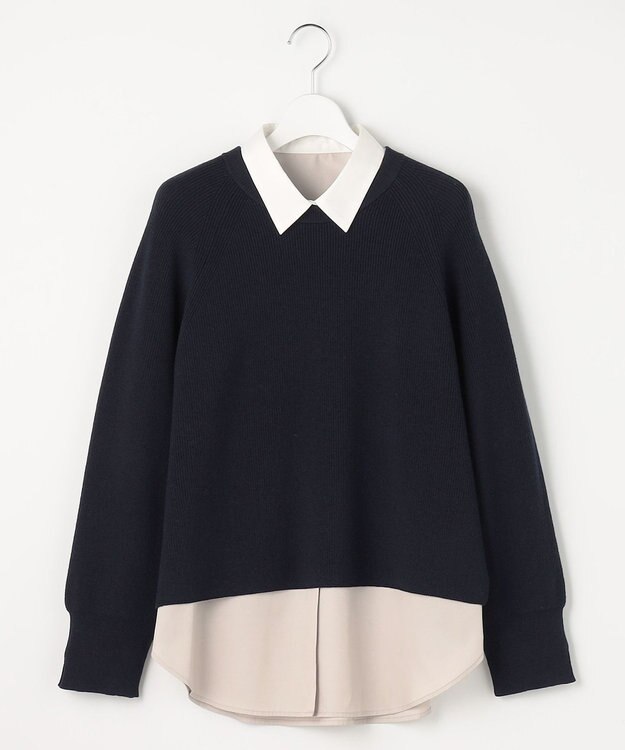 ANY SIS L ニットレイヤード シャツ ツインセット ネイビー×グレージュ