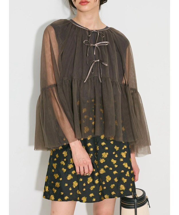 Green Parks リボンチュールデザインブラウス Khaki