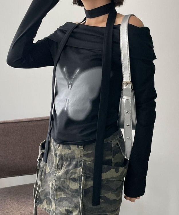 WEGO ストール付きバタフライオフショルトップス ブラック