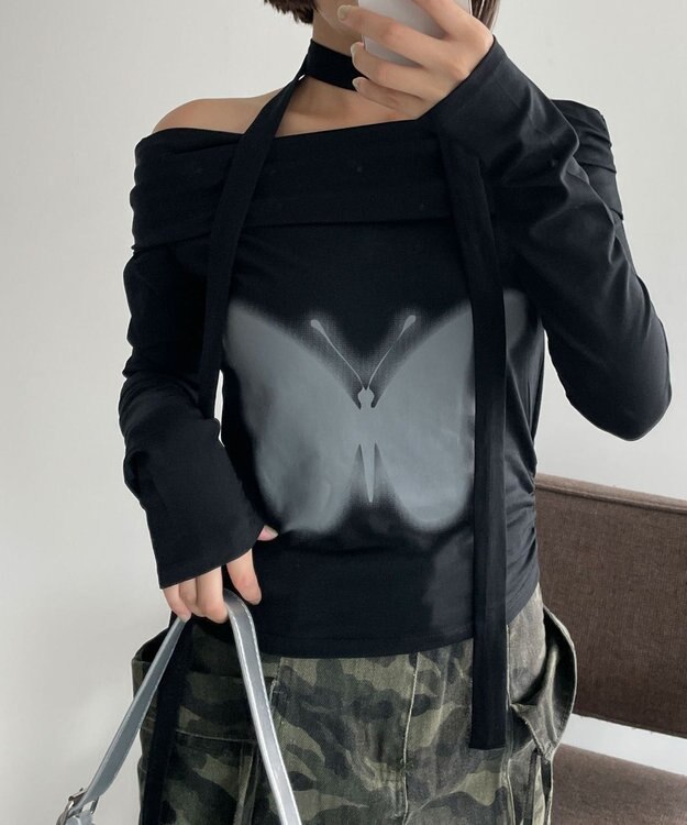 WEGO ストール付きバタフライオフショルトップス ブラック