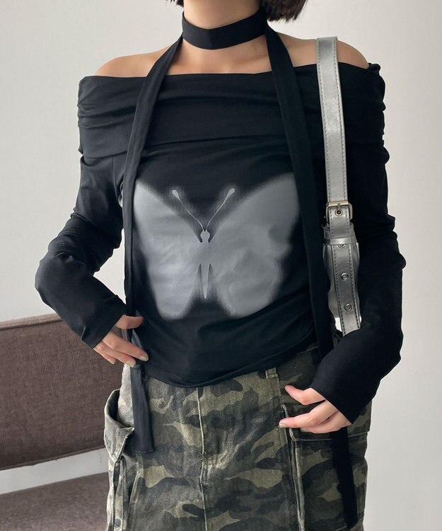 WEGO ストール付きバタフライオフショルトップス ブラック