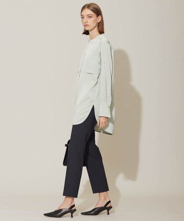 ICB L 【洗える】サテンクレープ ノーカラーブラウス ピスタチオ系