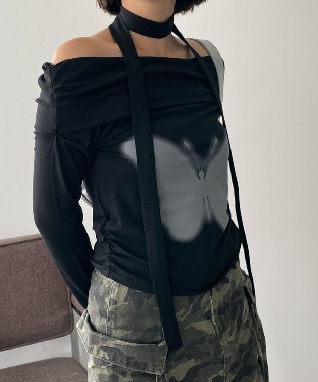 WEGO ストール付きバタフライオフショルトップス ブラック