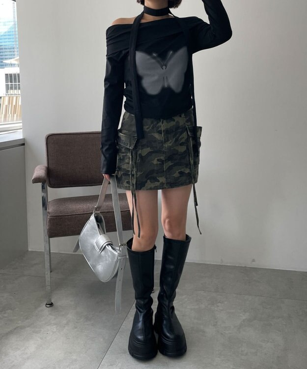 WEGO ストール付きバタフライオフショルトップス ブラック