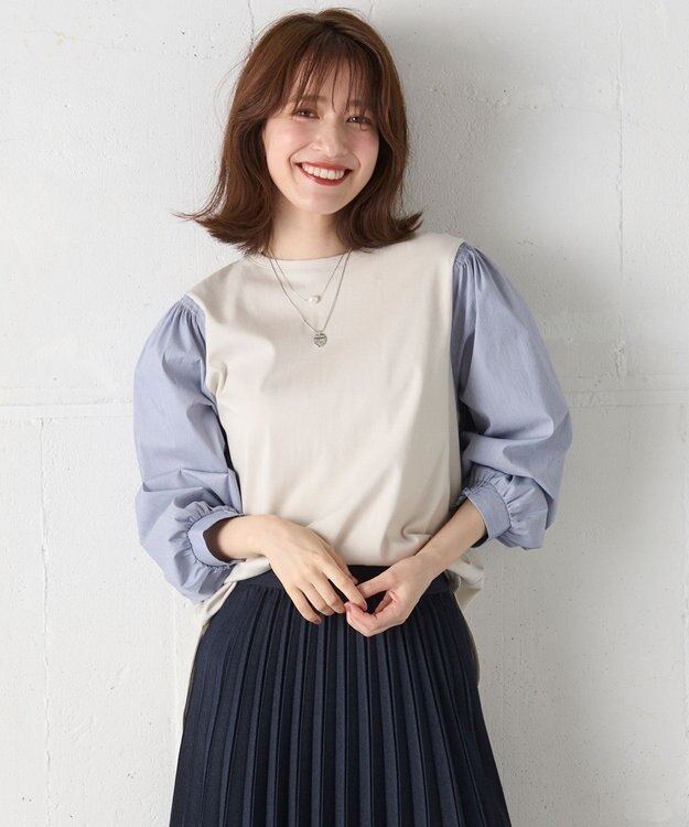 ANY 【洗濯機可】着映えるシャーリングトップス オフ×ストライプ