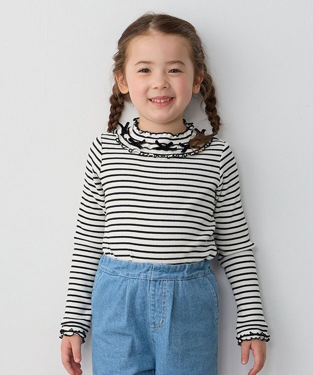 ANY KIDS 襟リボンカットソー ブラック×オフホワイト（ボーダー）