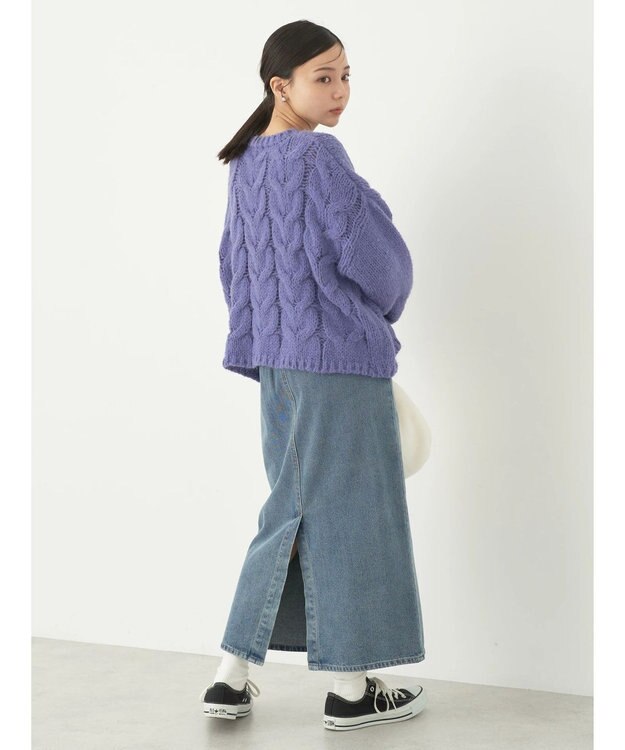 earth music&ecology ローゲージ手編み風ケーブルプルオーバー Blue