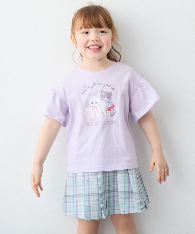 ANY KIDS 【綿100%】ドロップショルダー アニマルプリントTシャツ ラベンダー×ネコ