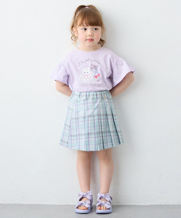 ANY KIDS 【綿100%】ドロップショルダー アニマルプリントTシャツ ラベンダー×ネコ