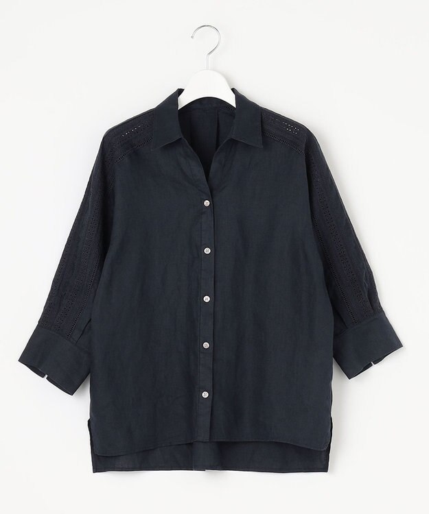 自由区 【XSサイズ～/洗える/セット可】エンブロイダリーリネン前開き シャツブラウス ネイビー系