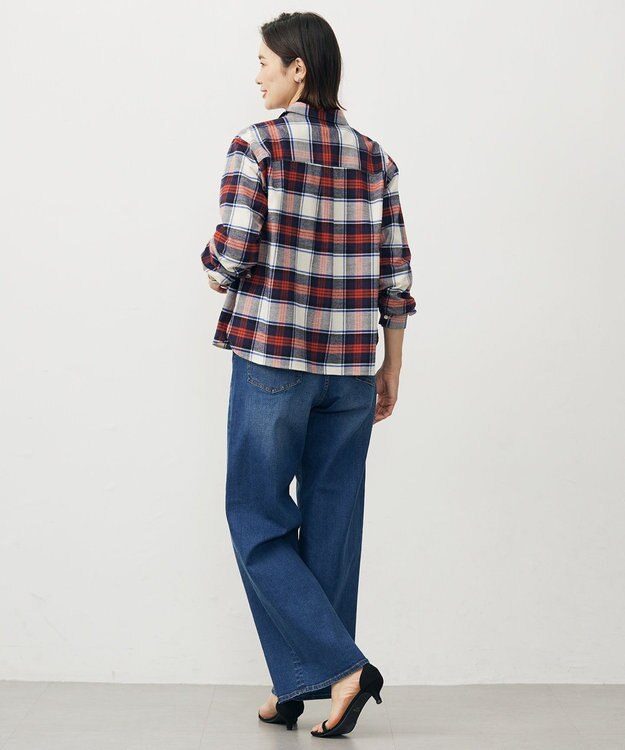 J.PRESS LADIES コットン起毛タータンチェック ショート丈 シャツ ブラウス オフ×ネイビー×レッドチェック系