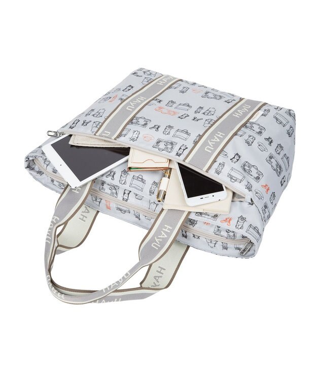 ACE BAGS & LUGGAGE 【雑誌掲載】 HAyU × ace.  フォールディング 折り畳みトートバッグ 猫柄 22L 17861 ライトベージュ柄