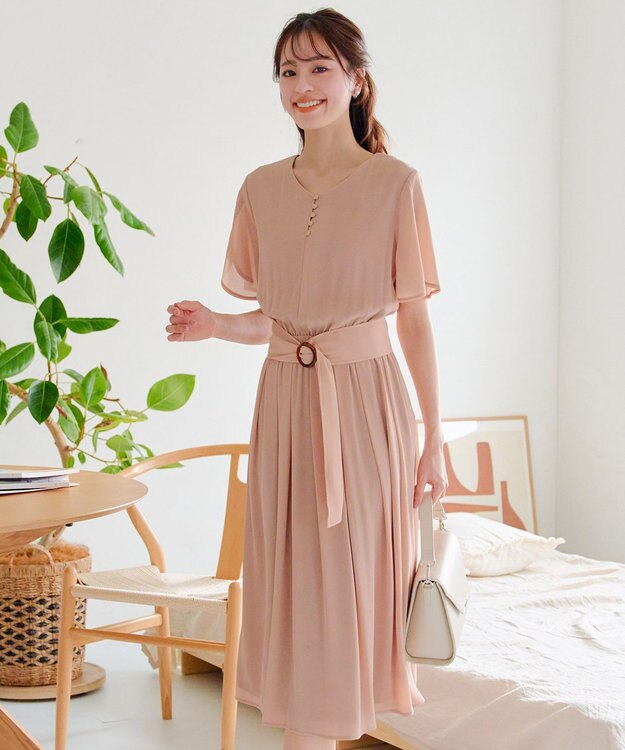 Tiaclasse 【洗える】花びらスリーブベルト付きワンピース ピンク