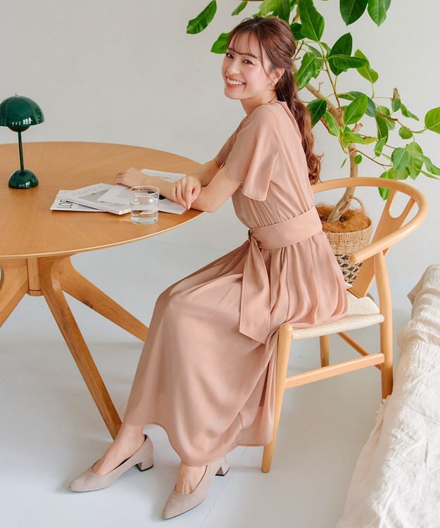 Tiaclasse 【洗える】花びらスリーブベルト付きワンピース ピンク