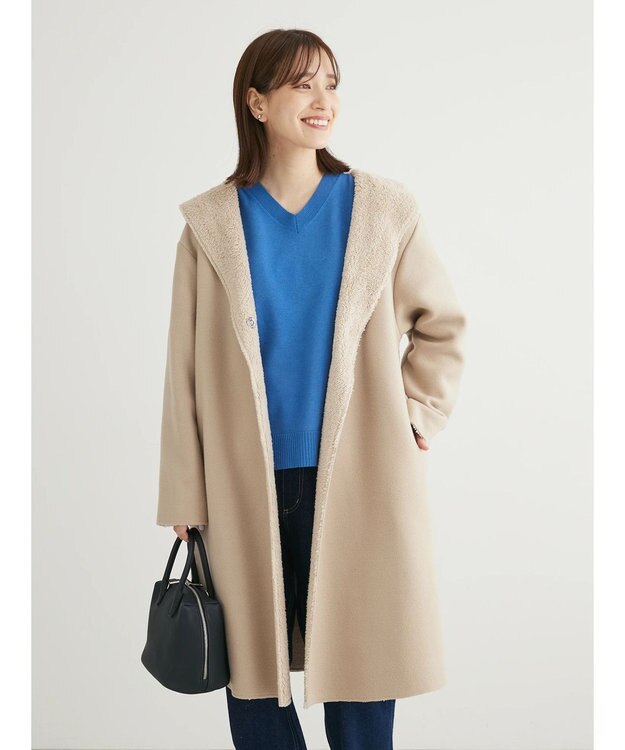 Green Parks フード付き裏ボアロングコーディガン Beige