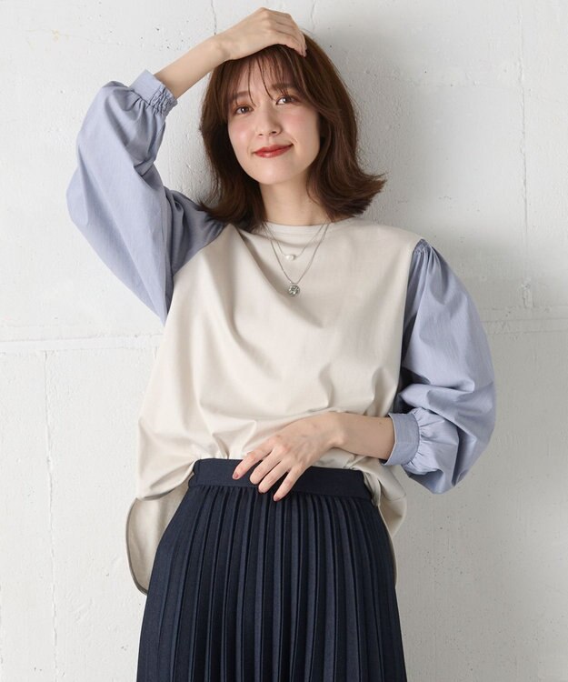 ANY L 【洗濯機可】着映えるシャーリングトップス オフ×ストライプ