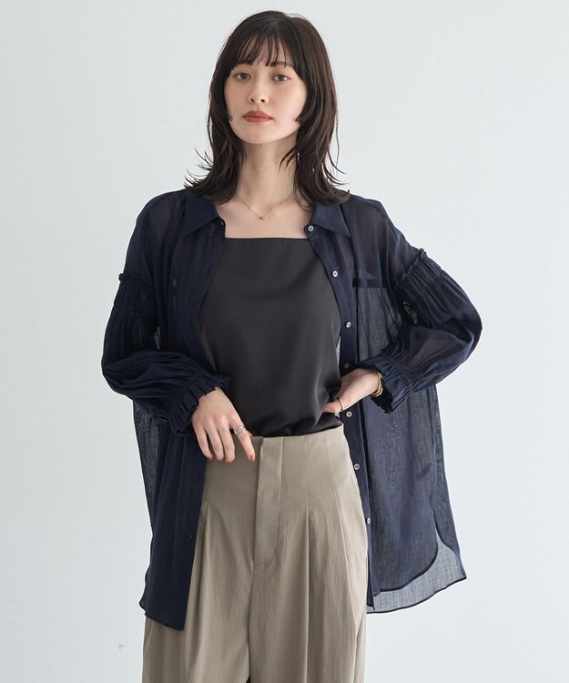 YECCA VECCA 綿麻シアーボリュームギャザーシャツ Navy