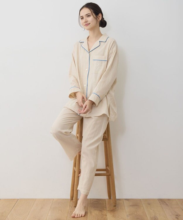 自由区 【WEB限定】オーガニックコットンパジャマ イエローストライプ×ブルー