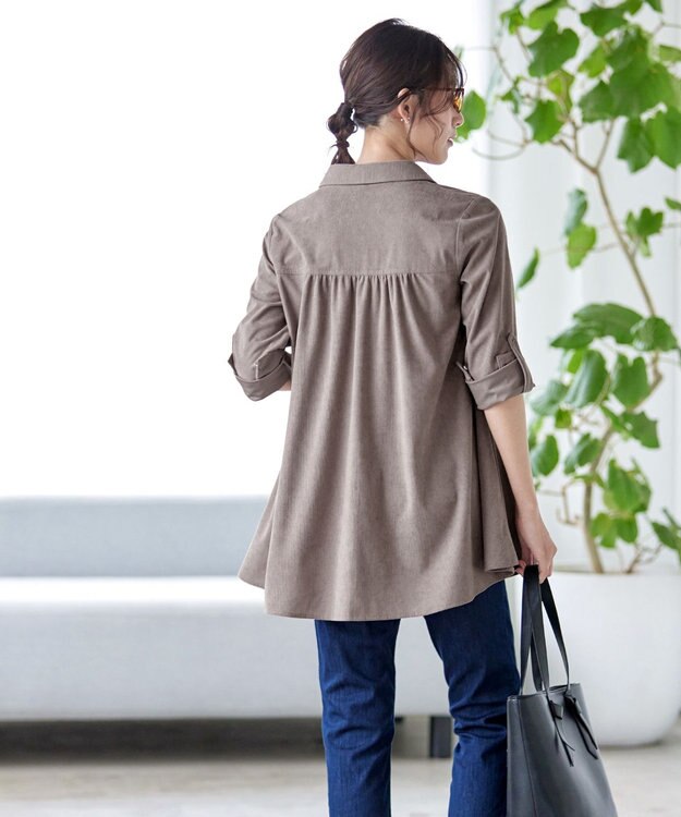 Tiaclasse L 【洗える】コーデュロイシャツチュニックブラウス モカ