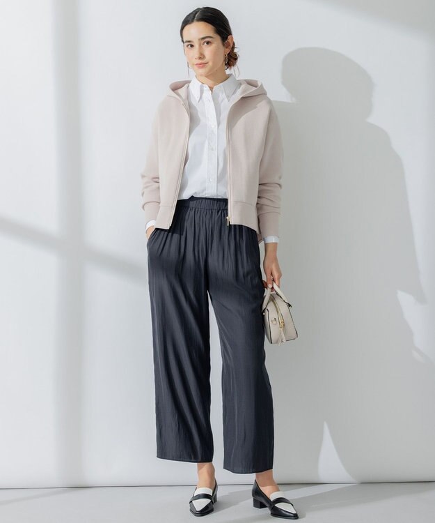 組曲 【洗える】ギャザーライトデシン パンツ ロング丈 ブラック系