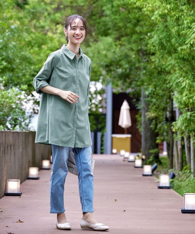 Tiaclasse L 【洗える】コーデュロイシャツチュニックブラウス ミント