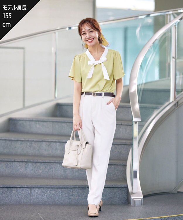 Tiaclasse L 【洗える】配色リボンタイブラウス ライム