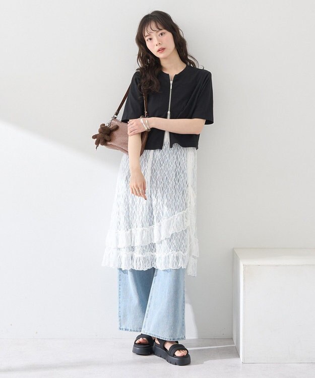 earth music&ecology カットリブＷジップカーディガン Black