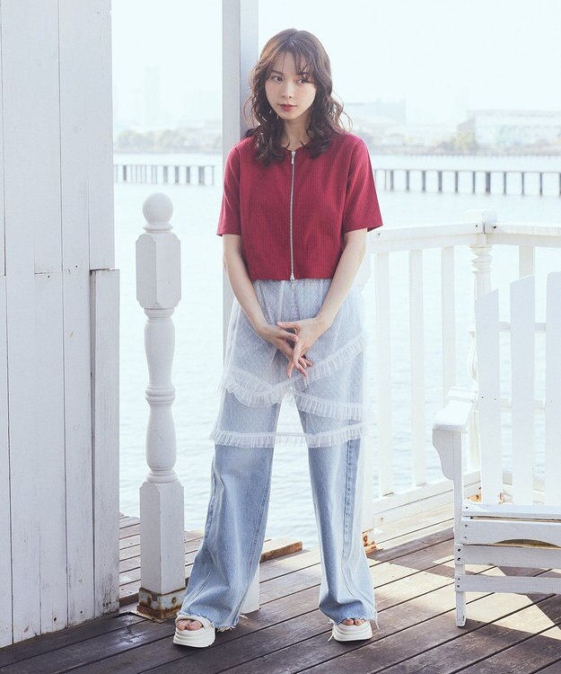 earth music&ecology カットリブＷジップカーディガン Red