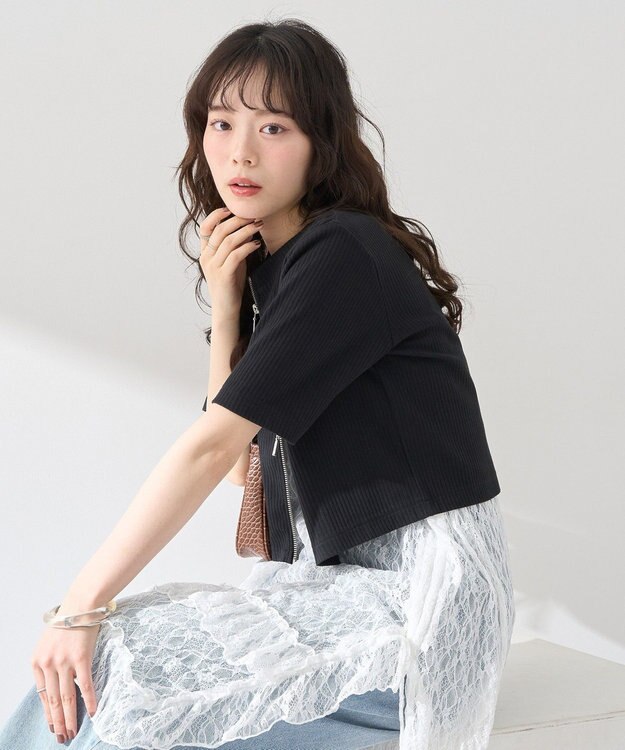 earth music&ecology カットリブＷジップカーディガン Black