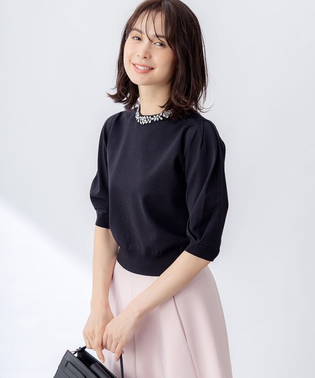 組曲 S 【WEB限定】ビジューパフスリーブ ニット ブラック系