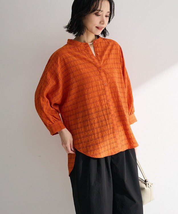 Green Parks シアーチェック７分袖シャツ Orange