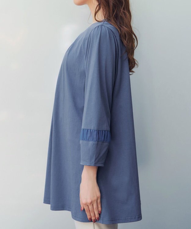 Tiaclasse L ランタンパフ袖カットソー切替チュニック ブルー