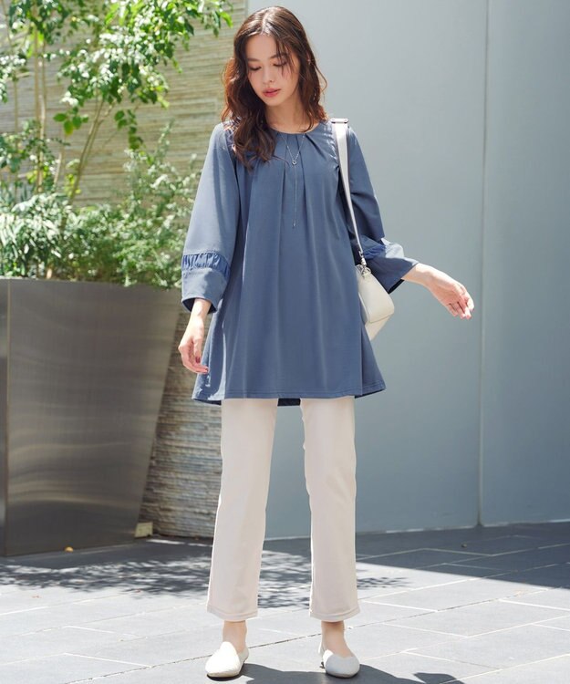 Tiaclasse L ランタンパフ袖カットソー切替チュニック ブルー