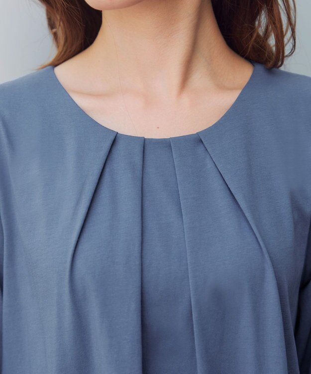 Tiaclasse L ランタンパフ袖カットソー切替チュニック ブルー