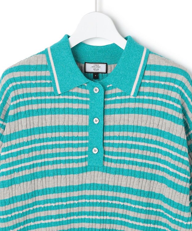 J.PRESS YORK STREET 【WOMEN】コットンボーダー ニットポロシャツ ライトグリーン系1