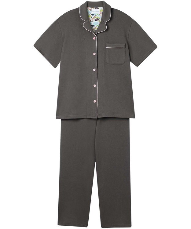 une nana cool 【綿混】ソフトコットンリブ 半袖開襟パジャマ MADE WITH LIBERTY FABRIC アッシュブラウン