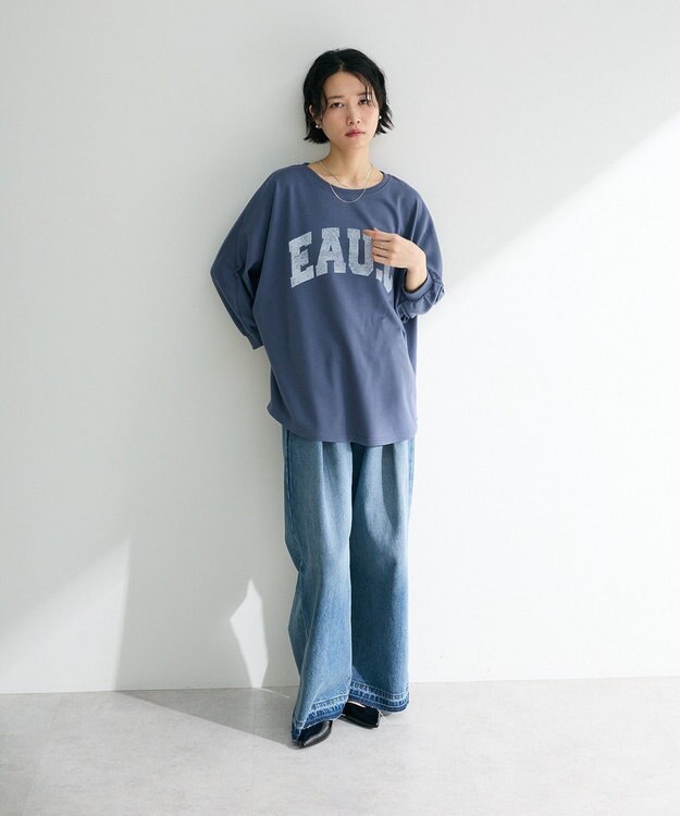 Green Parks ７分袖ミニ裏毛ドルマンロゴプルオーバー Navy