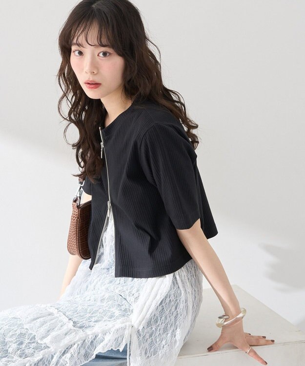 earth music&ecology カットリブＷジップカーディガン Black