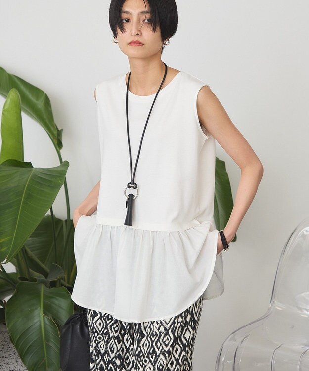 AMERICAN HOLIC 異素材裾フレアノースリーブプルオーバー Off White