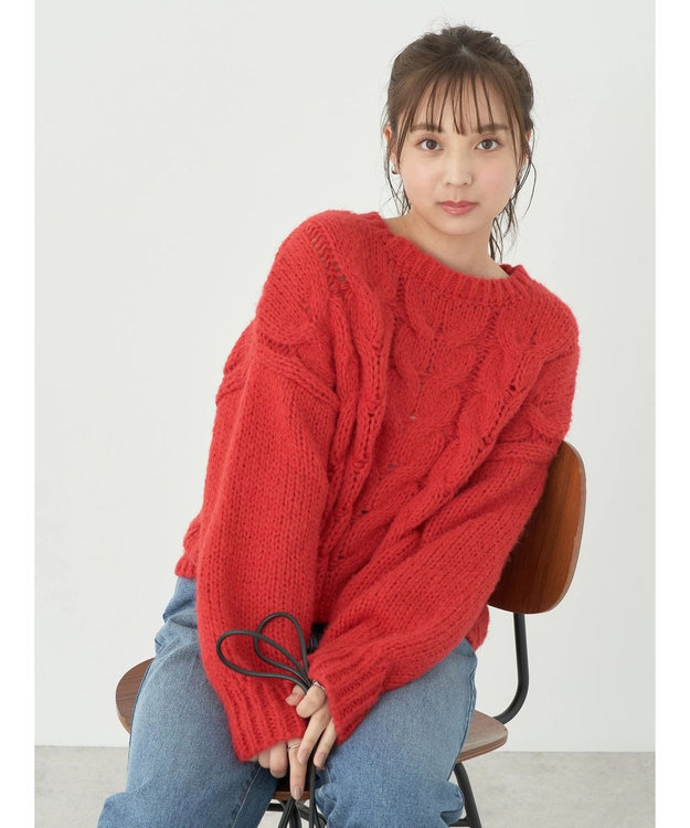 earth music&ecology ローゲージ手編み風ケーブルプルオーバー Red