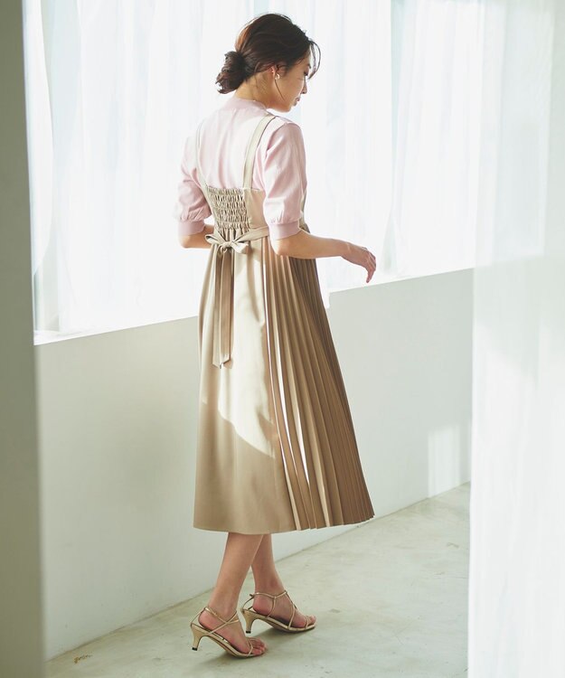 Feroux 【洗える】プリーツコンビ ジャンパースカート ベージュ系
