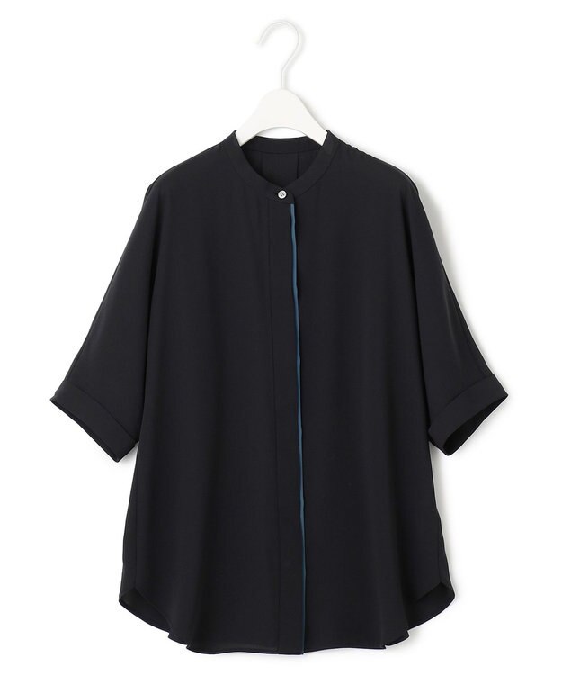 ICB 【接触冷感・UVケア・速乾】BackSatinAmunzen 5分袖バンドカラーブラウス ブラック系