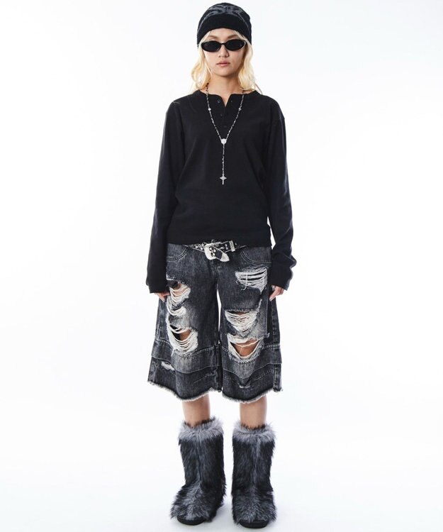 WEGO 【ユニセックス着用ITEM】コンパクトフィットリブヘンリーネックT（LS） ブラック