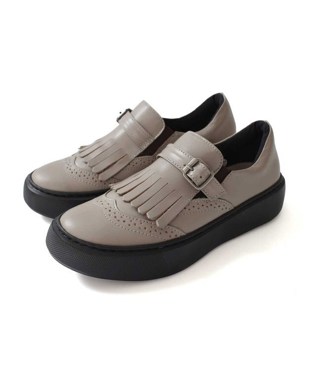 Pointer 日本製 本革フリンジ付き厚底ローファー ライトグレー