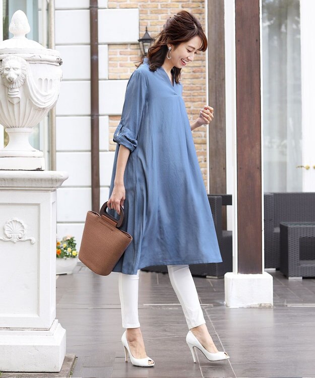 Tiaclasse 【洗える】 麻調Aラインシャツワンピース グレー