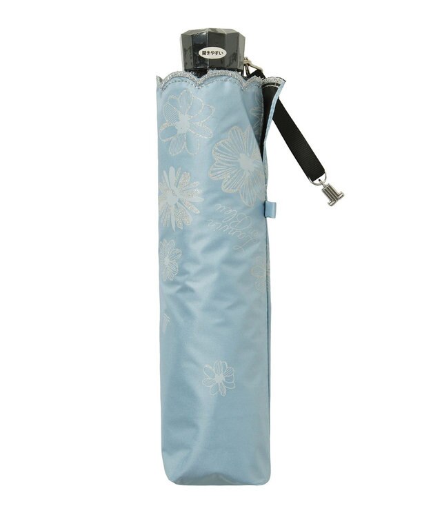 MOONBAT 【遮光率100％/遮熱/UV】LANVIN en Bleu (ランバン オン ブルー)晴雨兼用日傘 フラワーグリッター シルバースカラ刺繍 花柄 折りたたみ傘 簡単開閉 ターコイズブルー