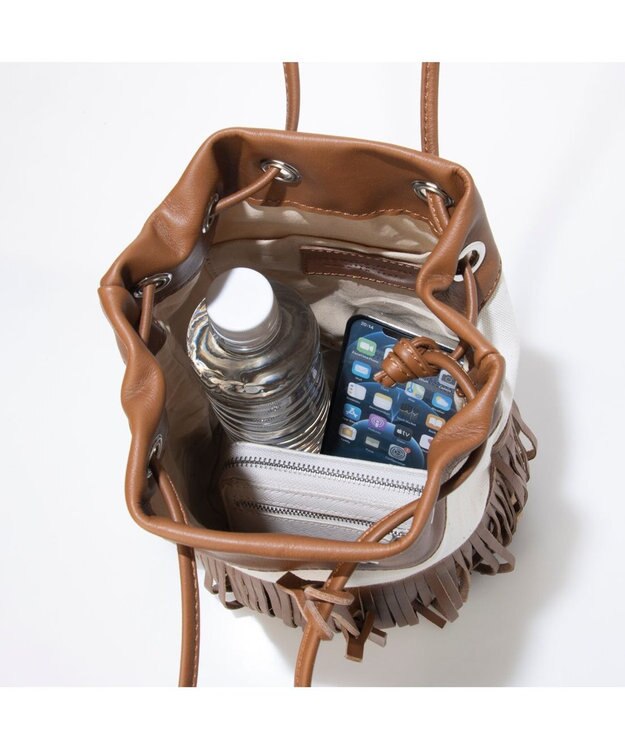 INTER-CHAUSSURES 【MARCO MASI】レザーフリンジ巾着バッグ キャメルコンビ