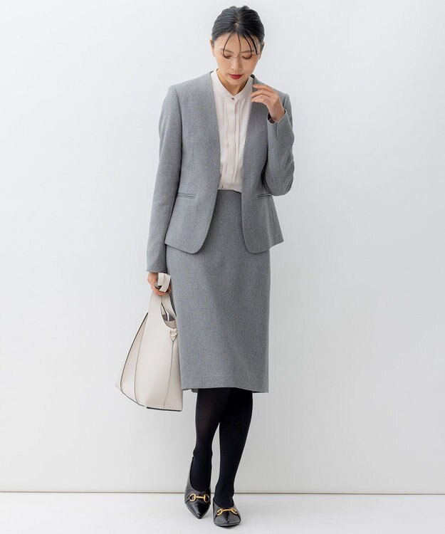 23区 【洗える】ウールライクカルゼ ノーカラー ジャケット グレー系